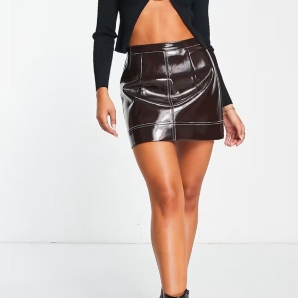 New Without Tags! Asos Design Brown Vinyl Mini Skirt Size 4
